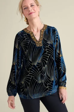Soft Surroundings Tops|Adrienne Embroidered Velvet Tunic BlueSwirlVelvetBurnout