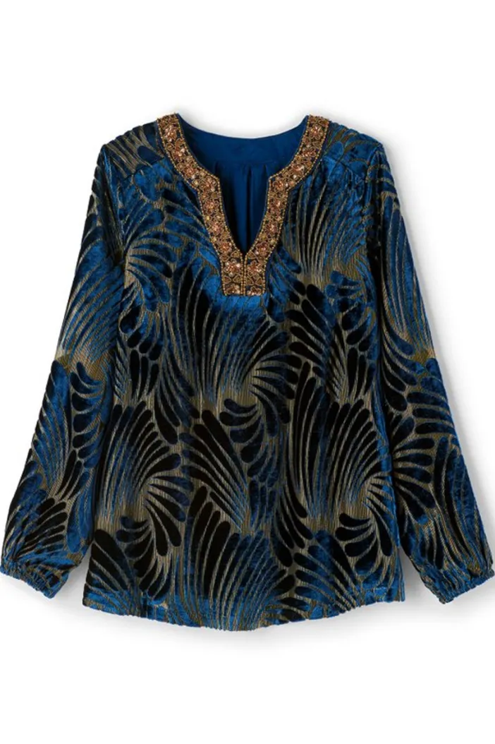 Soft Surroundings Tops|Adrienne Embroidered Velvet Tunic BlueSwirlVelvetBurnout