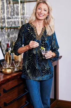 Soft Surroundings Tops|Adrienne Embroidered Velvet Tunic BlueSwirlVelvetBurnout