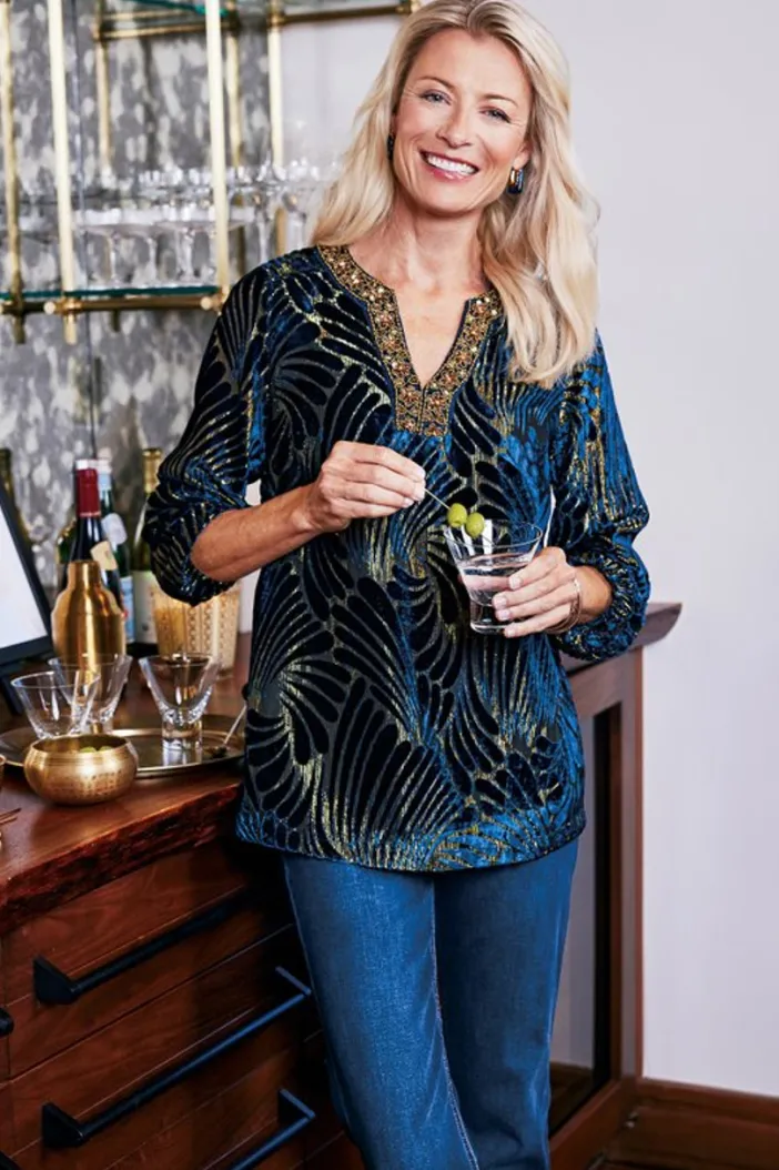 Soft Surroundings Tops|Adrienne Embroidered Velvet Tunic BlueSwirlVelvetBurnout
