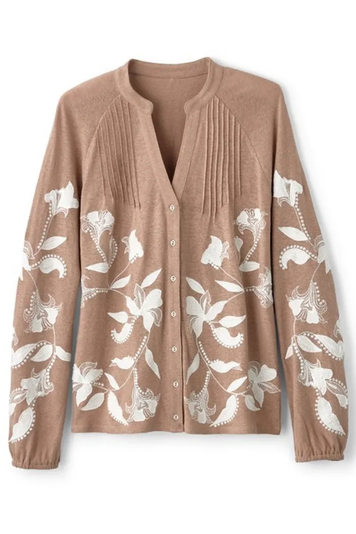 Soft Surroundings Tops|Alva Embroidered Knit Top Beige