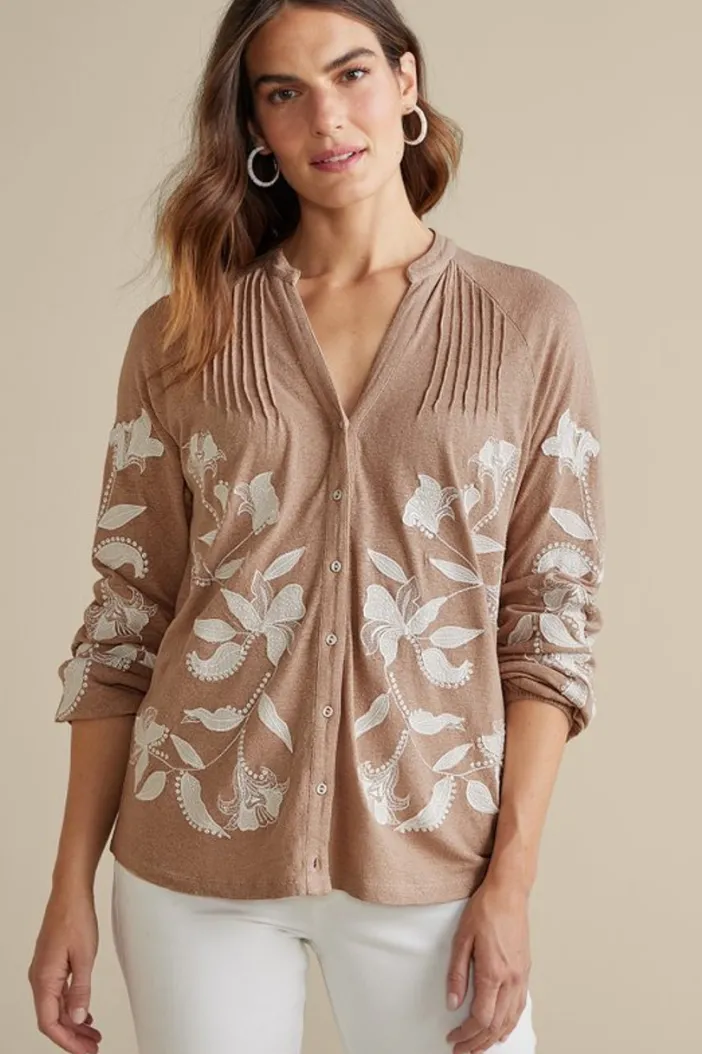Soft Surroundings Tops|Alva Embroidered Knit Top Beige