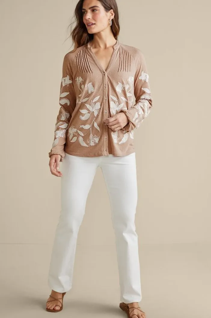 Soft Surroundings Tops|Alva Embroidered Knit Top Beige