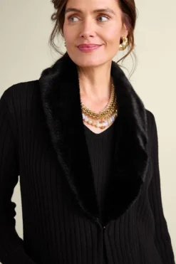 Soft Surroundings Sweaters & Cardigans|Amalie Faux Fur Collar Ribbed Cardigan Black