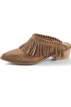 Soft Surroundings Shoes|Dabney Fringe Suede Mules Taupe