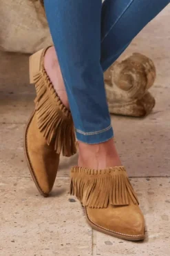 Soft Surroundings Shoes|Dabney Fringe Suede Mules Taupe