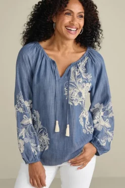 Soft Surroundings Tops|Diya Embroidered Tencel™ Peasant Top MediumWash