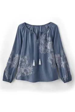 Soft Surroundings Tops|Diya Embroidered Tencel™ Peasant Top MediumWash
