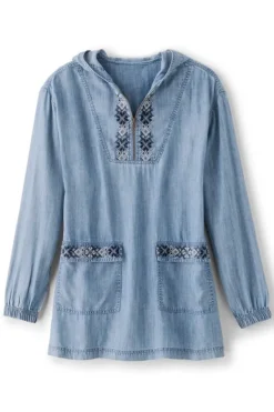 Soft Surroundings Tops|Evie Embroidered Tencel Hoodie WashedBlue