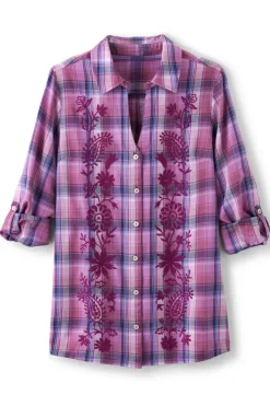 Soft Surroundings Tops|Gracie Embroidered Plaid Big Shirt BayAreaPlaid