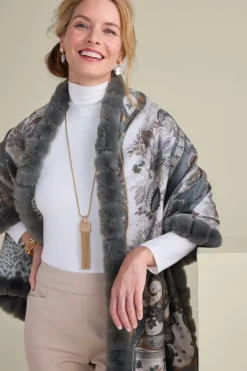 Soft Surroundings Scarves & Wraps|Katya Faux Fur Trim Wrap Scarf Gray