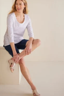 Soft Surroundings Tops|Linnea Embroidered 3/4 Sleeve Tee Navy