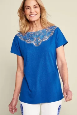 Soft Surroundings Tops|Luella Linen Blend Lace Tee Sapphire
