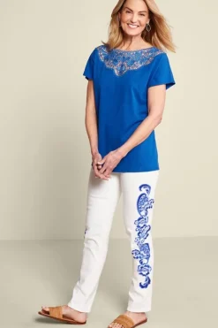 Soft Surroundings Tops|Luella Linen Blend Lace Tee Sapphire