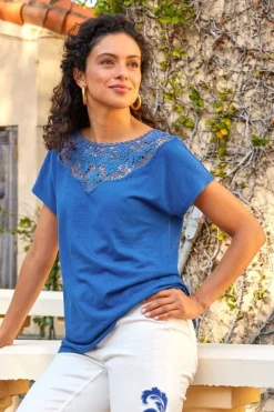 Soft Surroundings Tops|Luella Linen Blend Lace Tee Sapphire