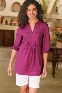 Soft Surroundings Tops|Tunics & Leggings|Mikaela Embroidered 3/4 Sleeve Tunic RaspberryRadiance