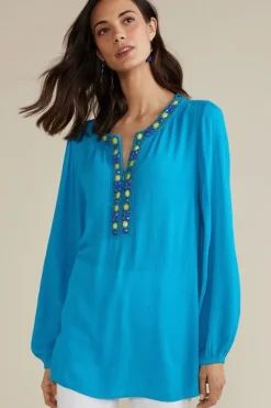 Soft Surroundings Tops|Nellie Gauze Tunic BlueDanube