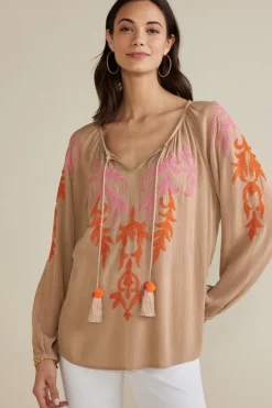 Soft Surroundings Tops|Noura Embroidered Gauze Pullover Sesame