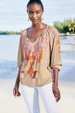 Soft Surroundings Tops|Noura Embroidered Gauze Pullover Sesame