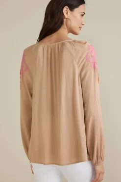 Soft Surroundings Tops|Noura Embroidered Gauze Pullover Sesame