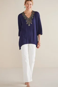Soft Surroundings Tops|Paulina Gauze Pullover Navy