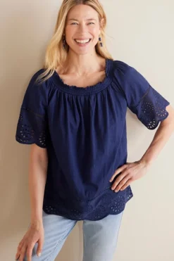 Soft Surroundings Tops|Rahma Eyelet Trimmed Tee Navy