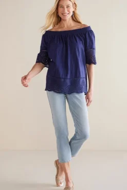 Soft Surroundings Tops|Rahma Eyelet Trimmed Tee Navy