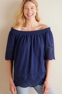 Soft Surroundings Tops|Rahma Eyelet Trimmed Tee Navy