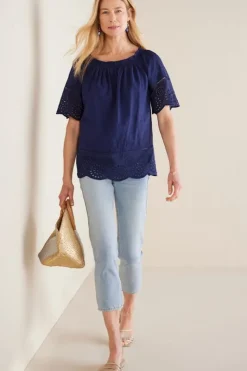 Soft Surroundings Tops|Rahma Eyelet Trimmed Tee Navy