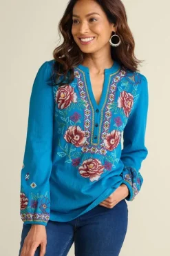 Soft Surroundings Tops|Riva Embroidered Knit Gauze Top BlueSapphire