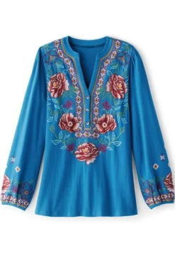 Soft Surroundings Tops|Riva Embroidered Knit Gauze Top BlueSapphire