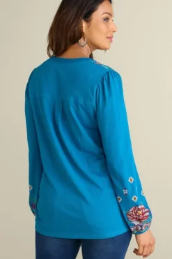 Soft Surroundings Tops|Riva Embroidered Knit Gauze Top BlueSapphire