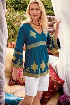 Soft Surroundings Tops|Setara 3/4 Sleeve Top MoroccanBlue