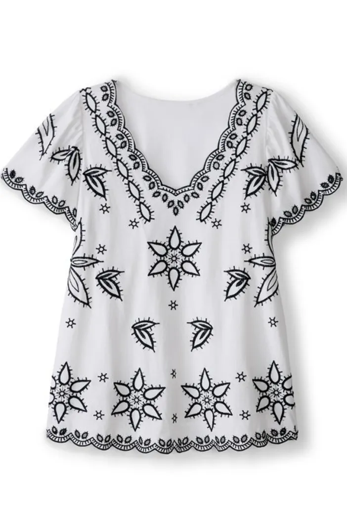 Soft Surroundings Tops|Teres Embroidered Tee IvoryPearl