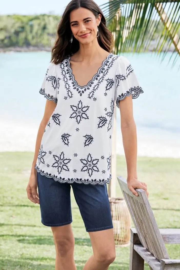 Soft Surroundings Tops|Teres Embroidered Tee IvoryPearl
